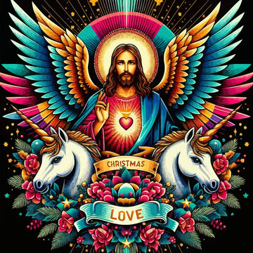 A Colorful Art Of A Jesus With Wings And A Unicorn Designs Prints