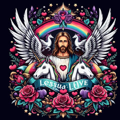A colorful art of a jesus with wings and unicorns vector design 33 illustration designs prints
