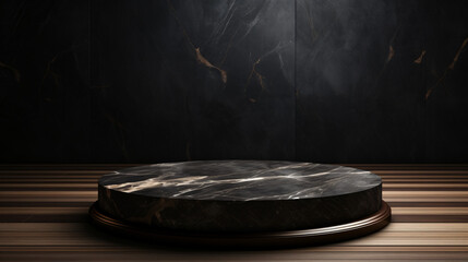 Black marble podium standing on smooth wooden floor