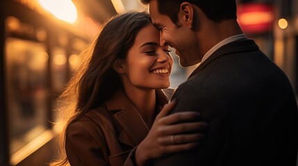 Portrait of happy young hugging couple background. Positive passionate married woman man hug embrace enjoy together wallpaper. St Valentines, Hug Day concept.