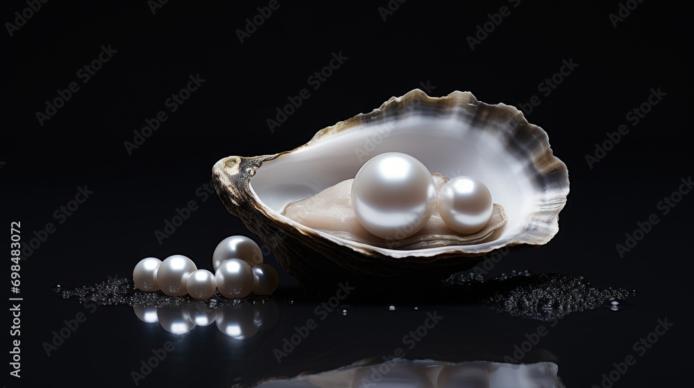 Aufkleber a group of white pearls in a shell on a black surface with a reflection of the shell on the ground.