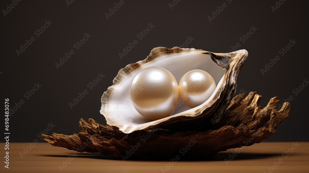 Poster a close up of two pearls in a shell on a wooden table with a black background and a brown background