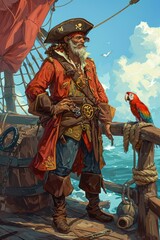 Fototapeta na wymiar A cartoon pirate captain, tricorn hat, and a parrot, standing on a ship deck