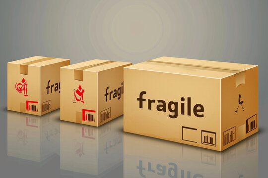 set of vector style icons of boxes with the word "fragile" written on it, a classic symbol for delicate or breakable items during transportation