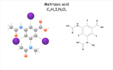 Metrizoic acid. Stylized molecule model and structural formula. Use as contrast medium for x-ray imaging.