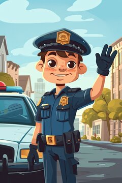 A cartoon police officer with a badge, hat, and a friendly wave, standing next to a patrol car