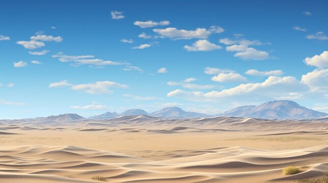  a painting of a desert landscape with mountains in the distance and a blue sky with clouds in the foreground.