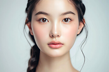 Studio portrait of a beautiful young Asian woman with cosmetics makeup or skin care on her face that makes her look pretty isolated on white transparent background. - obrazy, fototapety, plakaty