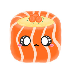 Cute Salmon Roll Mascot Character Kawaii Cartoon Salmon Roll With Topping Mayonnaise And Ikura Cartoon illustration Ikura Salmon Roe Cartoon illustration Japanese Food Drawing Food Japanese Sushi