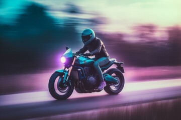 Person riding blue &amp; purple motorcycle on smoky road with blurry background. Generative AI