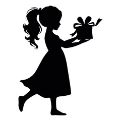 Silhouette of a little girl in a dress with a gift box in her hands. Icon, template, sticker, stencil. Holiday silhouette for print and web design.      