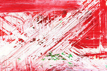 Red abstract background, art collage. Chaotic brush strokes and paint stains on white paper
