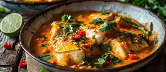 Flavorful Brazilian fish moqueca with tomato, lime, red pepper, coconut milk, and cilantro.