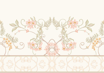 Fantasy flowers, decorative flowers and leaves in art nouveau style, vintage, old, retro style. Seamless border pattern, linear ornament, ribbon Vector illustration.