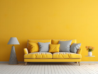 Modern living room with yellow sofa in front of wall generative ai