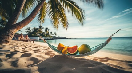  a hammock filled with fruit sitting on top of a sandy beach under a palm tree next to the ocean.