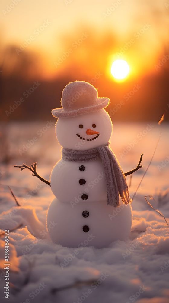 Poster snowman infront of a sunset 