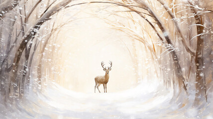 greeting card for christmas, deer in the winter forest, illustration of new year decoration