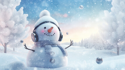 a snowman in musical headphones, listening to a winter melody, a cheerful greeting card for Christmas or new year.