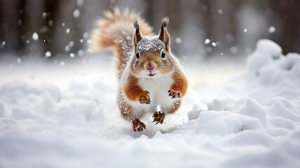squirrel in winter, a cute fluffy squirrel in the wild runs through fluffy snow in a dynamic pose