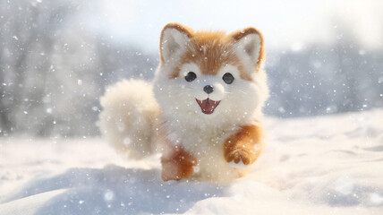 fox, fluffy plush children's toy running through the winter snow, snowfall, snowflakes falling cold christmas season, greeting card