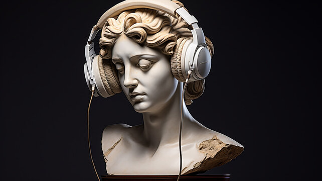 Classical Music Concept, The Head Of An Abstract Fictional Ancient Female Statue In Modern Music Headphones, Listening To Music.