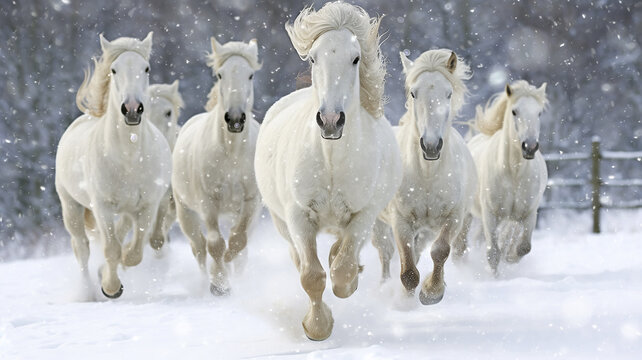herd of horses is rapidly running in winter in active poses on fluffy snow, motion in nature