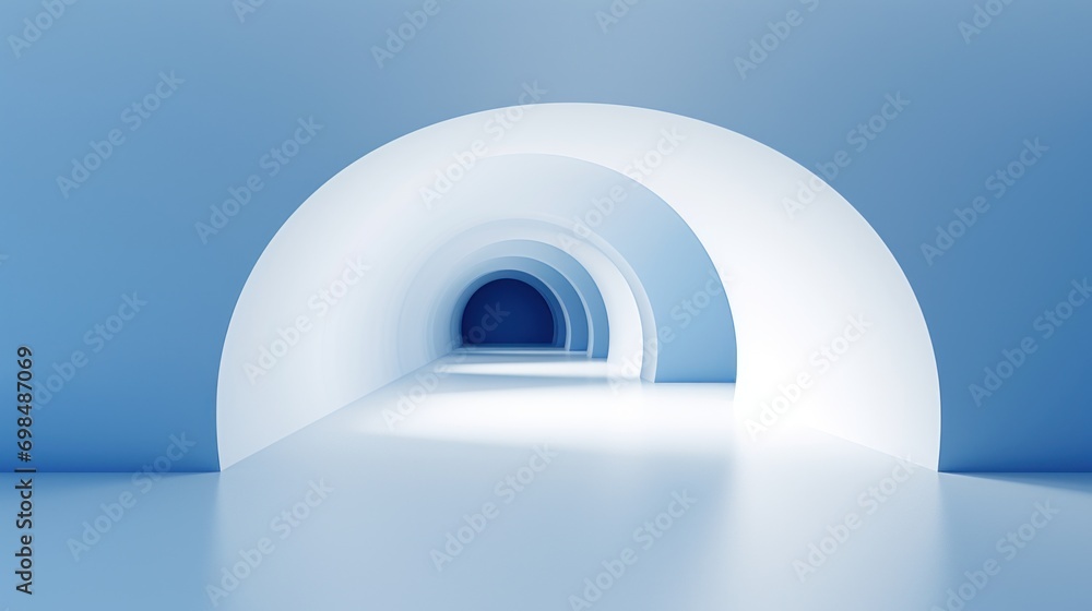 Poster a tunnel in the middle of a blue wall with a light at the end and a light at the end of the tunnel.
