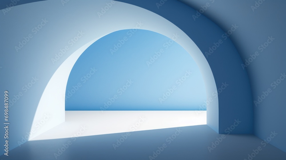 Poster an image of a blue and white room with a light at the end of the tunnel and a light at the end of th