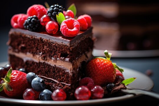 Layered chocolate cake in icing with berries