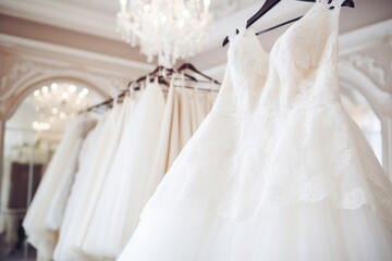 A lot of wedding dresses are hanging on hangers in the salon