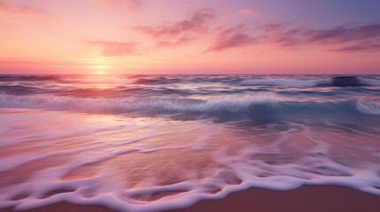  the sun is setting over the ocean with a wave coming towards the shore and a rock outcropping in the foreground.