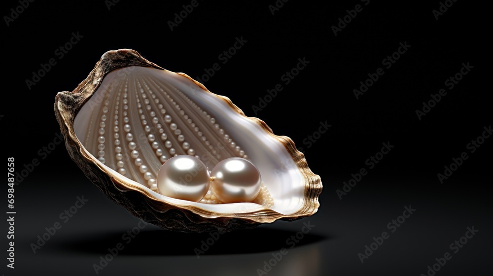 Poster a close up of a pearl in a shell on a black background with a reflection of the pearl in the shell.