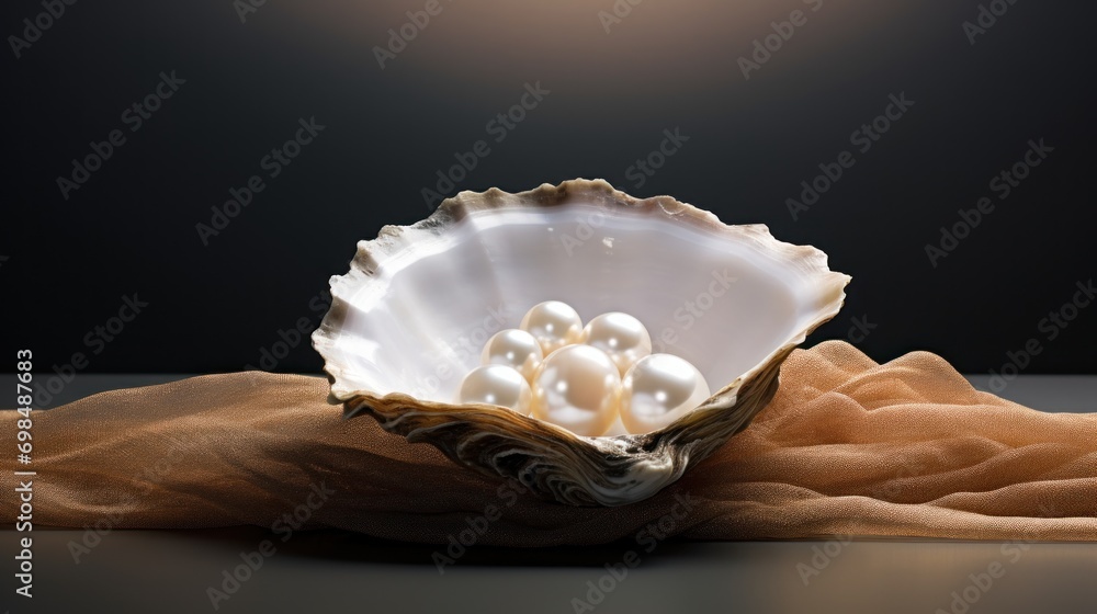 Poster a close up of a bowl on a table with a cloth on the floor and a bowl with pearls in it.