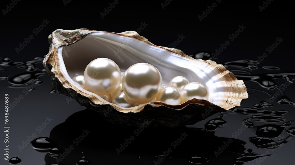 Poster a group of pearls in a shell on a black background with drops of water on the bottom of the shell.