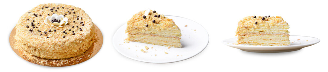 Delicious Napoleon Cake, Delicate Handmade Dessert with Custard and Puff Pastry Layers on White...