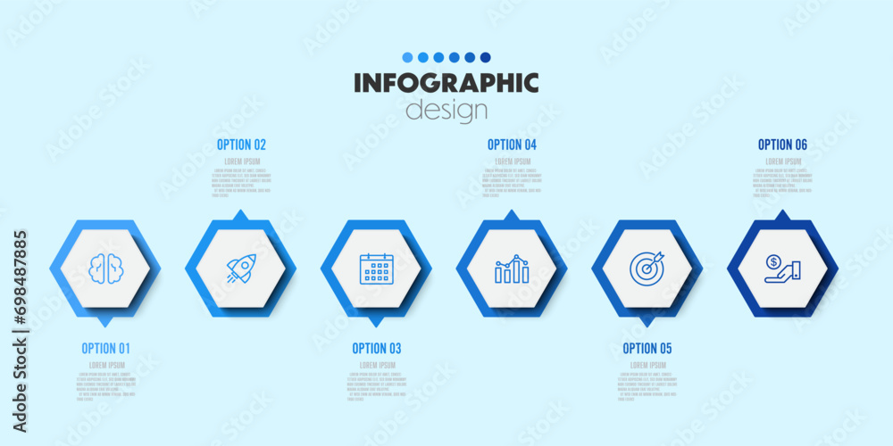 Aufkleber vector timeline presentation infographic template with concept business icon 6 option hexagon shape.
