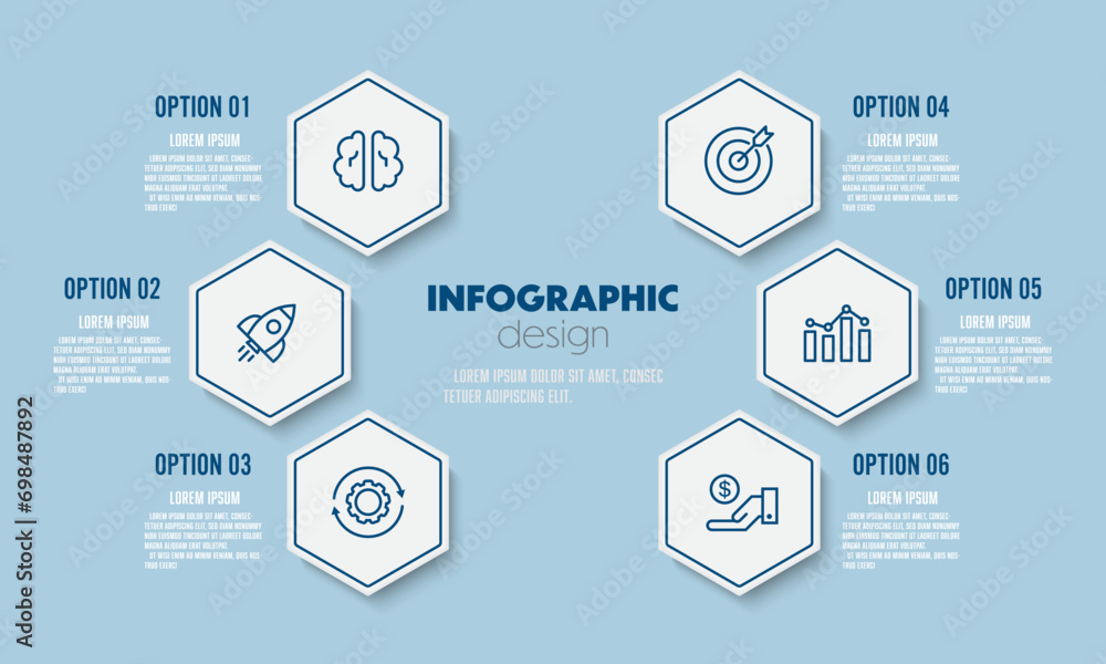 Aufkleber vector presentation infographic template with concept business icon 6 option hexagon shape.