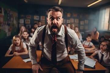 The teacher is furious at the lesson against the background of noisy children - obrazy, fototapety, plakaty