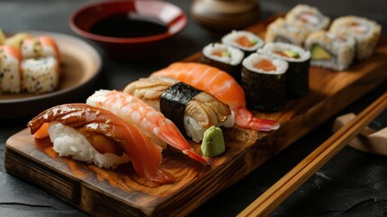 Serving sushi and maki with red fish and soy sauce