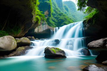 Beautiful waterfall in deep forest, Huay Mae Kamin Waterfall, Kanchanaburi, Thailand. 