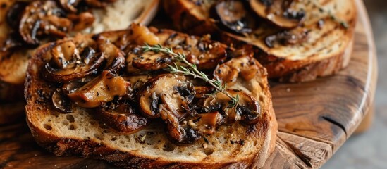 Close-up view of toasted sourdough grilled sandwiches with seasoned mushrooms. - obrazy, fototapety, plakaty