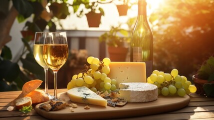  a wooden table topped with a wine glass and a plate of cheese and crackers next to a bottle of wine.