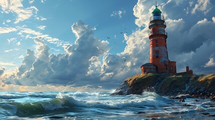 a striking scene of a lighthouse on the coast, with the sea appearing rough and turbulent waves crashing against the rocks. Above the scene is a dramatic sky filled with billowing clouds. - obrazy, fototapety, plakaty