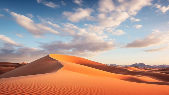  a large sand dune in the middle of a desert with a blue sky and some clouds in the back ground.