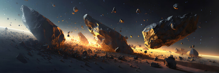 Group of huge asteroids falling to ground of planet, panoramic view. Fall of stone meteorites as astronomical phenomenon. - obrazy, fototapety, plakaty