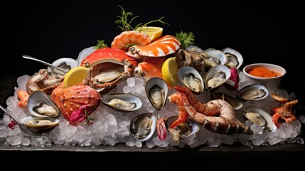  a pile of assorted seafood sitting on top of a pile of ice next to a bowl of dipping sauce.