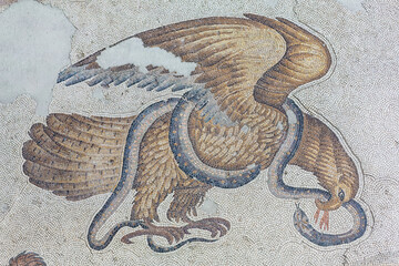 Eagle and serpent. Ancient mosaic from Istanbul. Byzantine period, fragment of floor