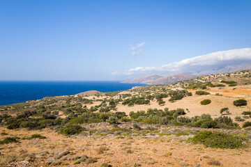 The arid rocky coast and its green countryside, in Europe, Greece, Crete, towards Matala, By the Mediterranean Sea, in summer, on a sunny day.