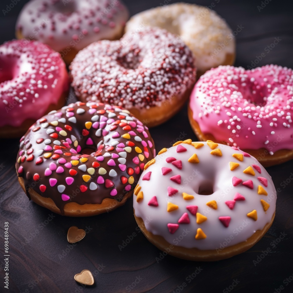 Poster a group of donuts with sprinkles and frosting. generative ai.